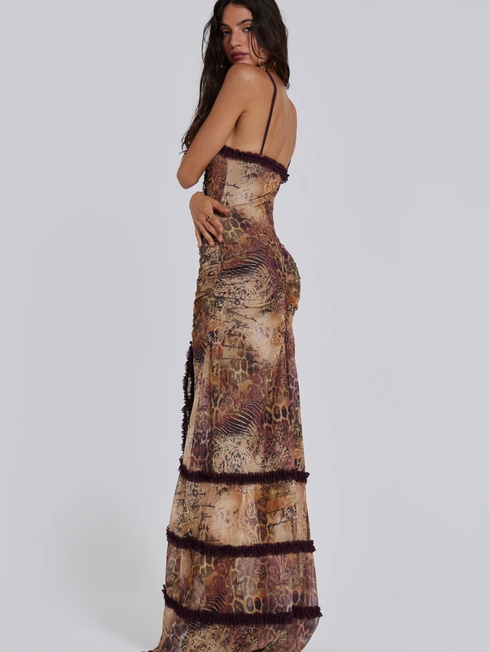 Brown Paisley Cutout Maxi Dress with Plum Trim - Picture 4 of 7